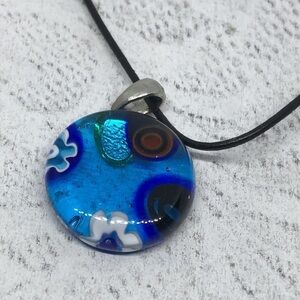 artisan blue millefiore art glass pendant necklace boho free spirit